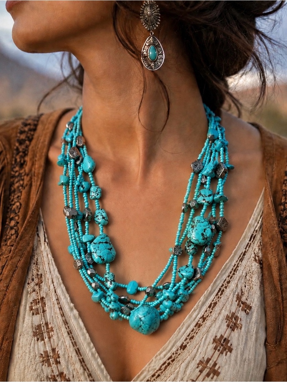 Statement Faux Turquoise Multi Strand Necklace With Silver Accents